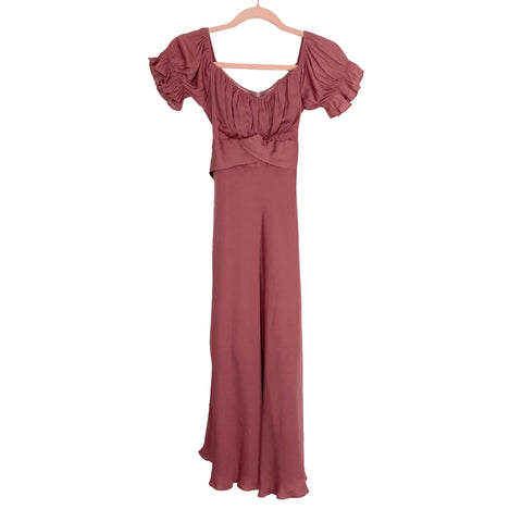 Petal + Pup Dusty Pink Satin Off the Shoulder with Ruched Bust and Back Tie Oralie Midi Dress NWT- Size 2