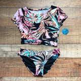 Decree Black with Multi-Color Palm Print Criss Cross Detail Pull On Cropped Midkini Top NWT- Size M (we have matching bikini bottoms)