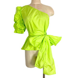 No Brand Neon Green One Shoulder Puff Sleeve with Wrap Around Bow Top- Size L (sold out online)