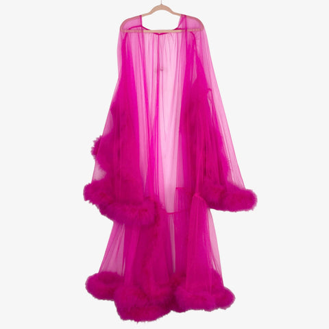No Brand Hot Pink Faux Fur Trim Bell Sleeve Kimono- Size ~L/XL/1X (see notes)