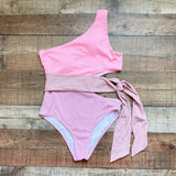 Pink Lily Pink Two Tone with Mauve Side Tie and Side Cut Out One Shoulder Padded One Piece- Size M (see notes)