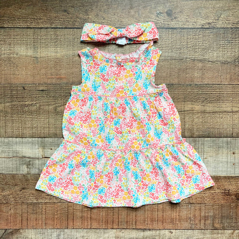 Mudpie Flower Pattern Ruffle Dress with Matching Bow Headband NWOT- Size 24M/2T (sold as a set)