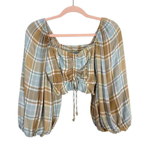 Show Me Your Mumu Plaid Front Cinched Smocked Back Top- Size XS (sold out online, we have matching skirt)