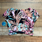 Decree Black with Multi-Color Palm Print Criss Cross Detail Pull On Cropped Midkini Top NWT- Size M (we have matching bikini bottoms)