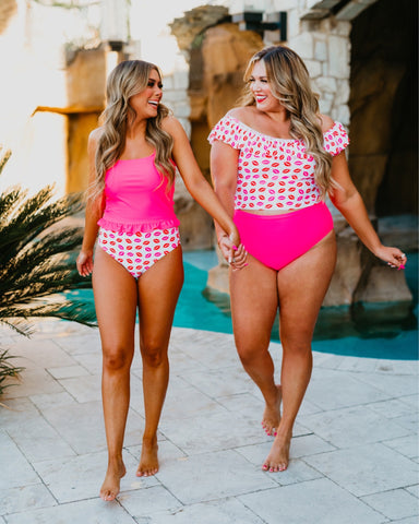 Sassy Red Lipstick x Pink Desert Sassy Lip Print Off the Shoulder Ruffle Padded Swim Top- Size XL (sold out online)