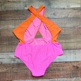 Asos Design Orange/Hot Pink Color Block Cross Neck One Piece- Size 14 (sold out online)