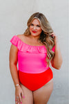 Sassy Red Lipstick x Pink Desert Vegas Pink Off the Shoulder Ruffle Padded Swim Top NWT- Size XL (sold out online)