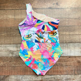 Palms Away Multi-Color Tropical Print One Shoulder Padded One Piece- Size L (sold out online, see notes)
