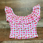 Sassy Red Lipstick x Pink Desert Sassy Lip Print Off the Shoulder Ruffle Swim Top- Size ~XL (sold out online, see notes)