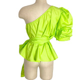 No Brand Neon Green One Shoulder Puff Sleeve with Wrap Around Bow Top- Size L (sold out online)
