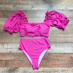 Eloquii Fuchsia Pink Puff Sleeve Off the Shoulder Padded Bikini Top- Size 14 (we have matching bottoms)