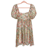Storia Coral/Pink/Yellow Floral Square Neck Puff Sleeve with Smocked Back Dress- Size S