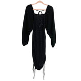 No Brand Black Metallic with Drawstring Ruched Sides and Solid Black Puffed Sleeves Dress- Size XL