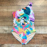 Palms Away Multi-Color Tropical Print One Shoulder Padded One Piece- Size L (sold out online, see notes)