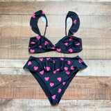 Beach Riot Black with Pink Hearts Ruffle Strap and Cinched Front Bikini Top- Size XL (we have matching bottoms)