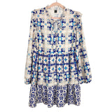 Shein Royal Blue/Beige/Light Blue Pattern with Front Tie Ruffle Dress- Size 8/10