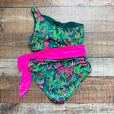 Palms Away Green Bold Roar with Hot Pink Side Tie and Side Cut Out One Shoulder Padded One Piece- Size L (see notes)