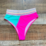 Shein Mint/Hot Pink Color Block with Embroidered Rainbow Sequin Detail Bikini Bottoms NWOT- Size M (we have matching bikini top)