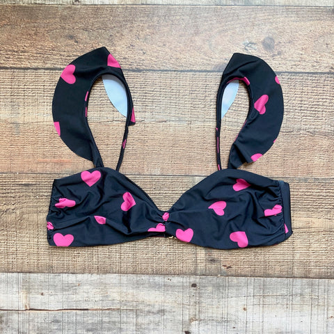 Beach Riot Black with Pink Hearts Ruffle Strap and Cinched Front Bikini Top- Size XL (we have matching bottoms)