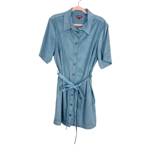 STAUD Blue Suede Button Up Belted Dress- Size XL