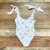 Show Me Your Mumu Beige/White Striped with Floral Print and Tie Shoulder Straps One Piece- Size S (see notes)
