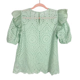 English Factory Mint Sheer Eyelet with Puff Sleeves Ruffle Top- Size XS (see notes)