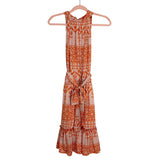 BTFBM Orange Printed Halter Neck Belted Dress- Size L