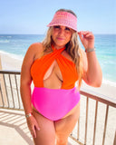 Asos Design Orange/Hot Pink Color Block Cross Neck One Piece- Size 14 (sold out online)