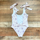 Show Me Your Mumu Beige/White Striped with Floral Print and Tie Shoulder Straps One Piece- Size S (see notes)