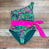 Palms Away Green Bold Roar with Hot Pink Side Tie and Side Cut Out One Shoulder Padded One Piece- Size L (see notes)