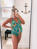 Palms Away Green Island Oasis with Surplice Top and Back Tie and Cut Out Padded One Piece NWT- Size L