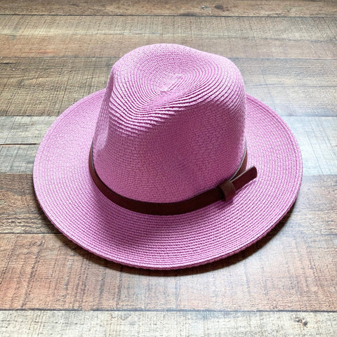 No Brand Pink Paper Straw with Brown Leather Band Adjustable Fedora Hat