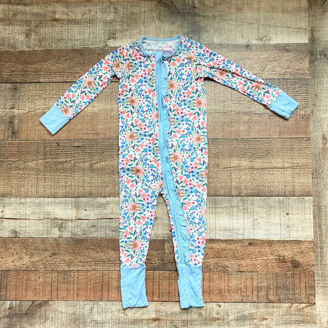 Poppy Kids Co. Flowers with Blue Ruffle Trim and Ruffle Butt Zip Up Pajamas- Size 18-24M