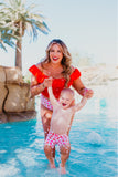 Sassy Red Lipstick x Pink Desert Red Off the Shoulder Ruffle Padded Swim Top NWT- Size XL (sold out online)