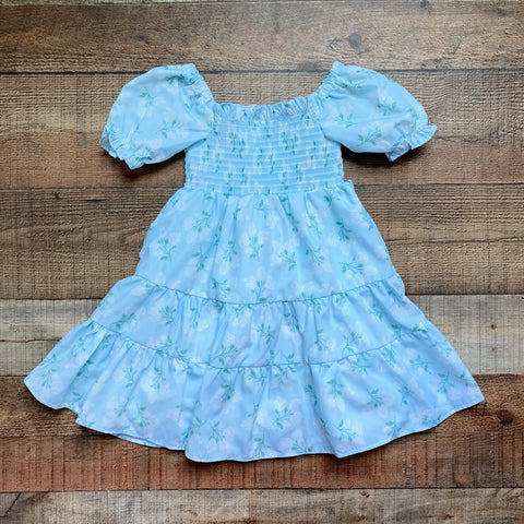 Poppy Kids Co. Blue White Floral Print Smocked Bodice Dress- Size 24M (see notes)