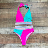 Shein Mint/Hot Pink Color Block with Embroidered Rainbow Sequin Detail Bikini Bottoms NWOT- Size M (we have matching bikini top)