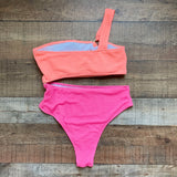 Pink Lily Coral/Pink Textured One Shoulder with Wooden Ring Detail Cut Out Padded One Piece- Size XL