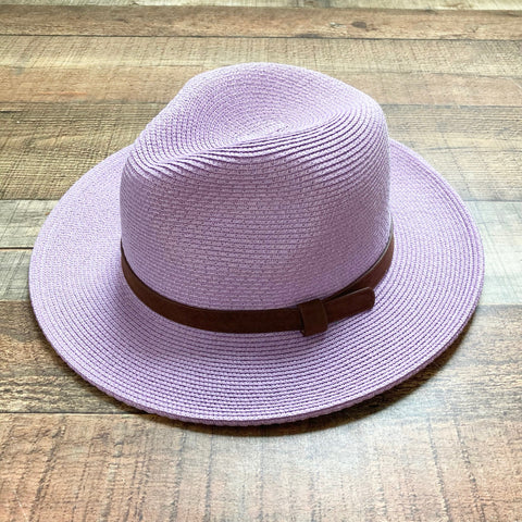 No Brand Purple Paper Straw with Brown Leather Band Adjustable Fedora Hat