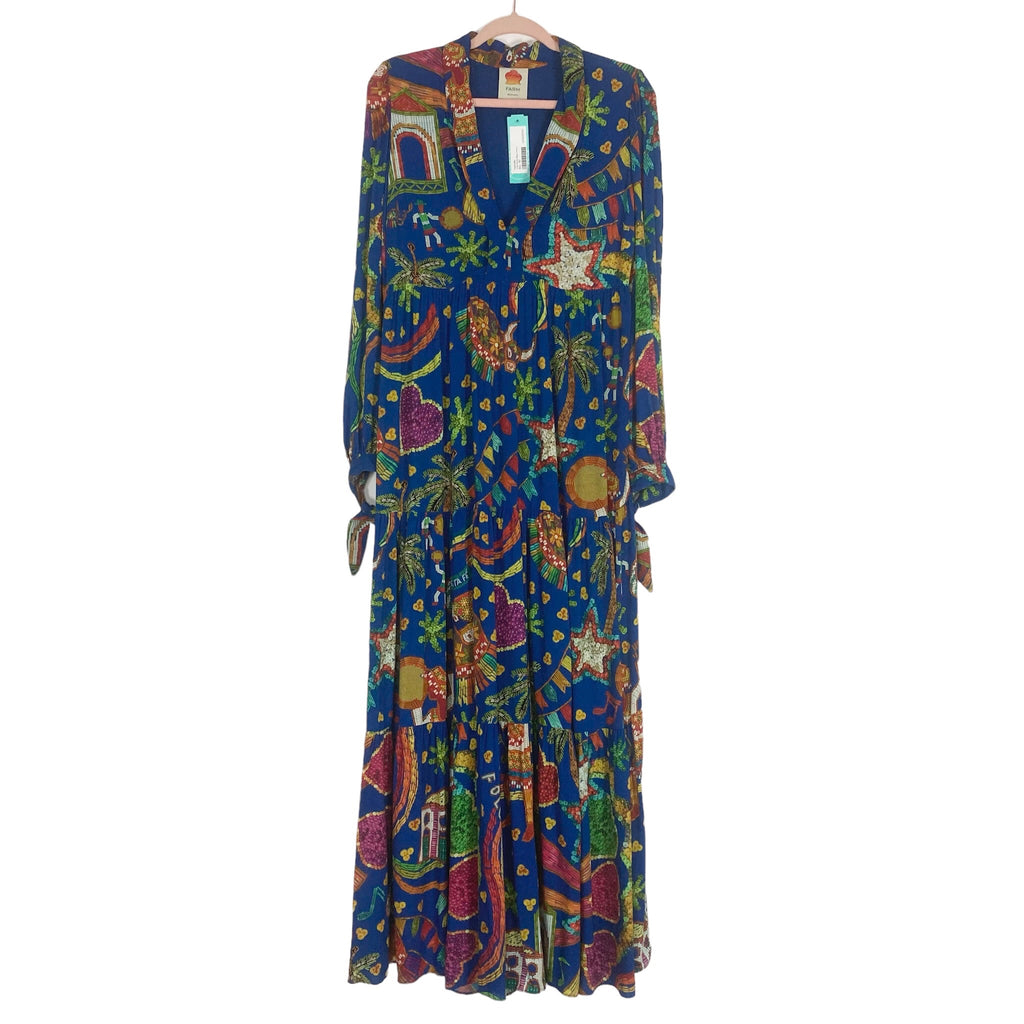 farm rio folk party maxi dress Farm Rio Blue Folk Party Maxi Dress NWT- Size XS The Saved Collection