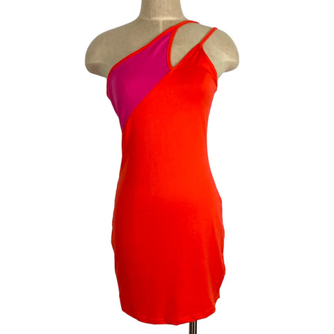 No Brand Orange/Pink One Shoulder Dress- Size L