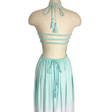 Tiare Hawaii Mint/White/Teal Ombre with Strappy Back and Back Tie Smocked Halter Maxi Dress- One Size (see notes)