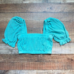 Montce Turquoise Crochet with Puff Sleeves Marcela Bikini Top- Size L (we have matching bottoms)