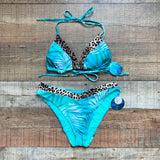 Decree Blue/Green Palm with Animal Print Detail Padded Triangle Bikini Top NWT- Size M (we have matching bikini bottoms)