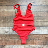 No Brand (Amazon) Red Textured Belted Cheeky One Piece- Size S