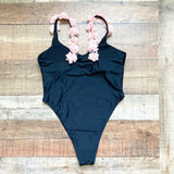 No Brand Black with Pink Flower Straps Padded One Piece- Size XL