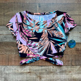 Decree Black with Multi-Color Palm Print Criss Cross Detail Pull On Cropped Midkini Top NWT- Size M (we have matching bikini bottoms)