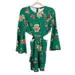 Zara Woman Green Floral Side Cutout Belted Bell Sleeve Dress- Size XS