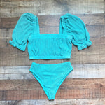 Montce Turquoise Crochet with Puff Sleeves Marcela Bikini Top- Size L (we have matching bottoms)