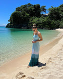Tiare Hawaii Mint/White/Teal Ombre with Strappy Back and Back Tie Smocked Halter Maxi Dress- One Size (see notes)