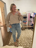 Evereve Tan with Balloon Sleeves and Crochet Details Elli Poplin Top- Size L (sold out online)